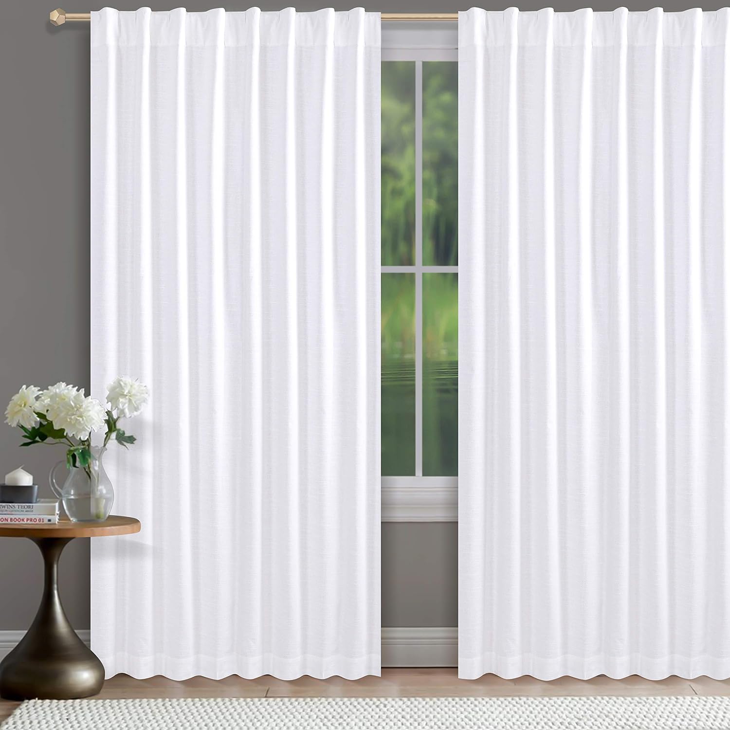 HOMIDATE 96 inch Long White Curtains,White Curtain,Cotton Curtains Set of 2 Size 50x96 inch,White Cotton Drapes,Curtains for Bedroom,Textured White Curtains,96 Curtains,Livingroom Curtains